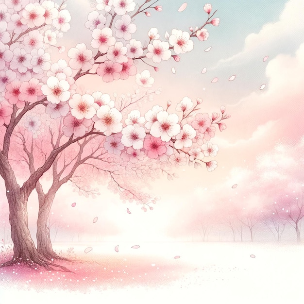 Tot bloei komende bloemblaadjes van kersenbomen drijven onder een zachte pastelkleurige hemelillustratie