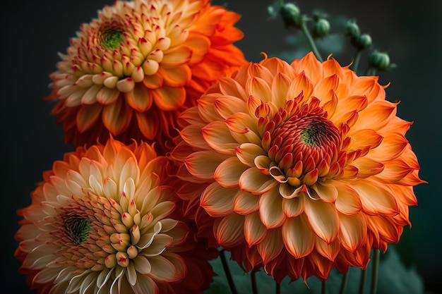 Totally tangerine anemone dahlias which are orange and crimson in bloom