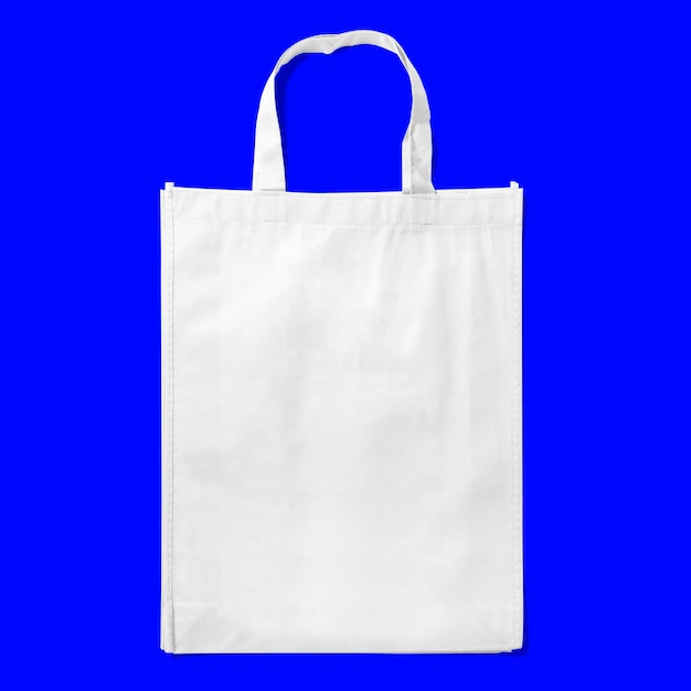 Photo tote bag fabric cloth shopping sack mockup isolated on blue background