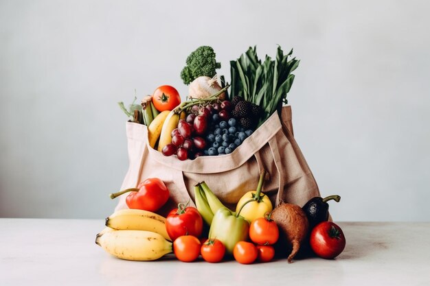 Tote bag full of vegetables and fruits on white background