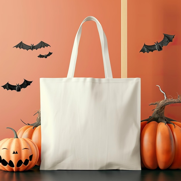 Tote Bag in Halloween Scene Blank Mockup with Spooky Element