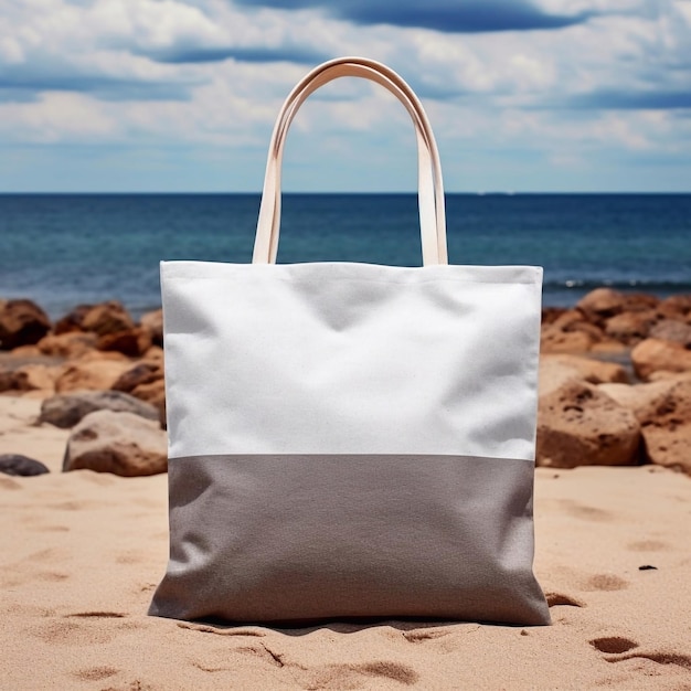 Photo tote bag mockup in the beach background