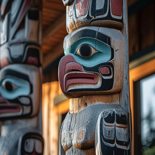 Foto un totem con una faccia dipinta su di esso