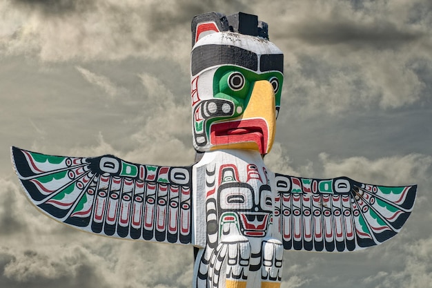 Totem wood pole in sky background