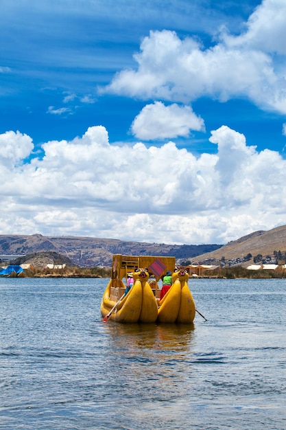 Totora boat on the Titicaca lake near Puno Peru