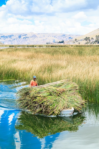 Totora boat on the Titicaca lake near Puno Peru