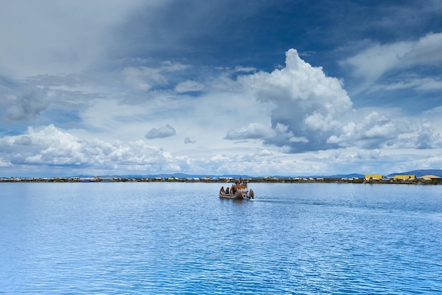 Totora boat on the Titicaca lake near Puno Peru