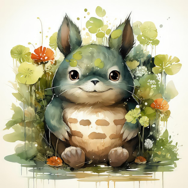 Totoro Surrounded by Nature Watercolor