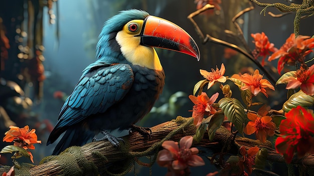 toucan bird perched on a branch in tropical forest