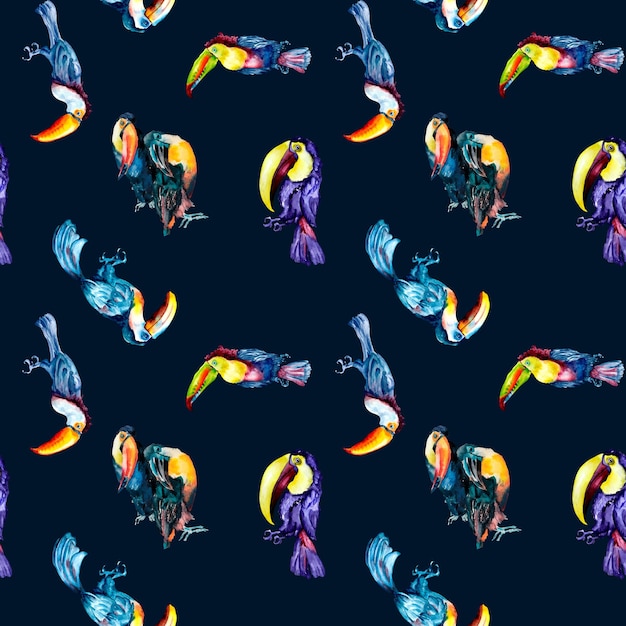 Toucan exotic tropical birds watercolor seamless pattern on dark background