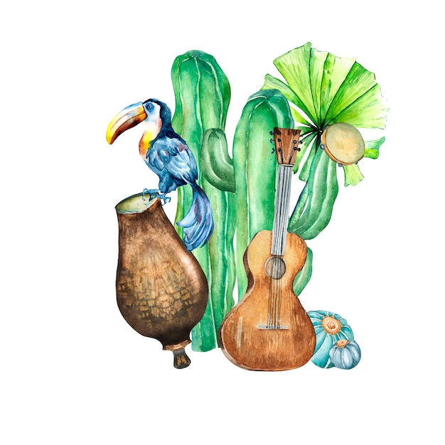 Toucan guitar cactus palm watercolor Festa Junina illustration