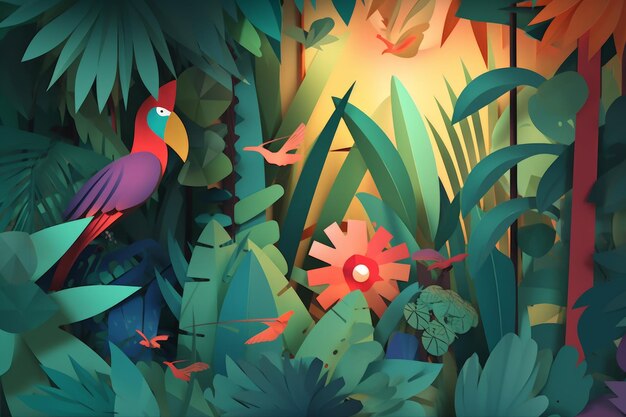 A toucan in the jungle with a flower on the left.