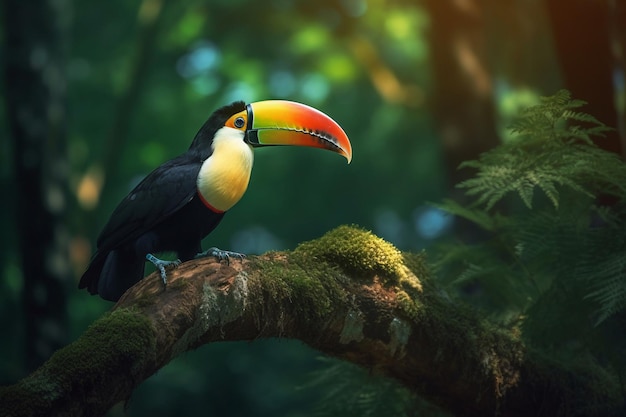 A toucan sits on a branch in a forest.