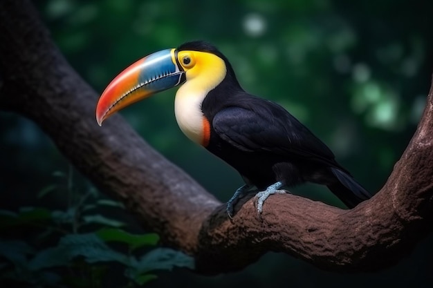 A toucan sits on a branch in a forest.