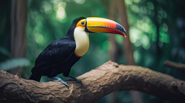 A toucan sits on a branch in the jungle.