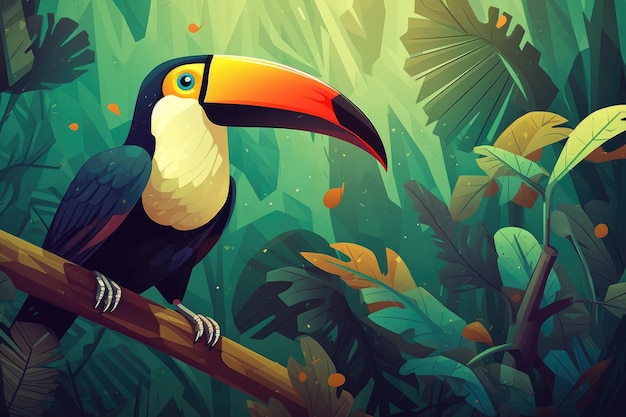 A toucan sits on a branch in the jungle