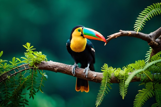 A toucan sits on a branch in the jungle.