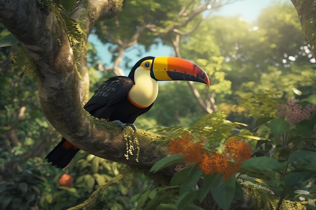 A toucan sits on a branch in a jungle