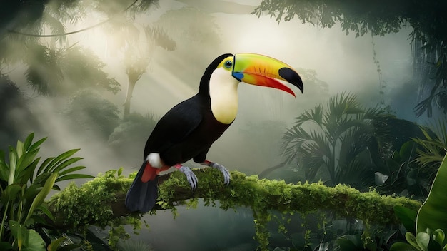 Toucan sits on a branch in jungle