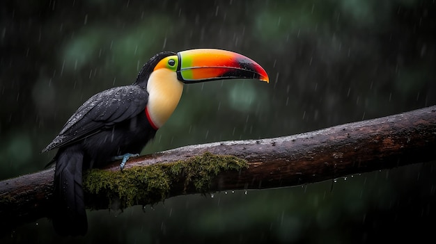 A toucan sits on a branch in the rain