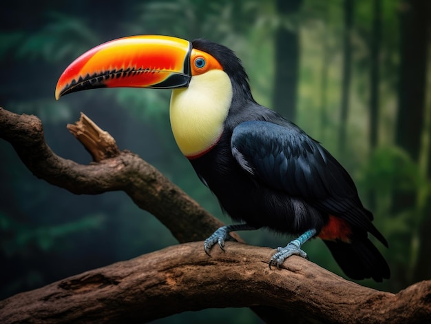 Toucan sits on a branch in the summer forest