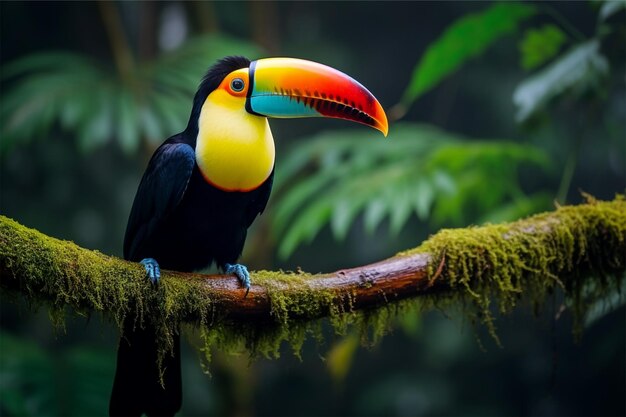 A toucan sits on a branch in a tropical rainforest