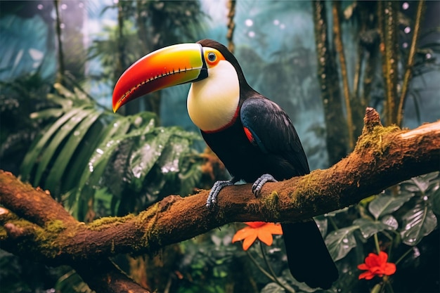 A toucan sits on a branch in a tropical rainforest