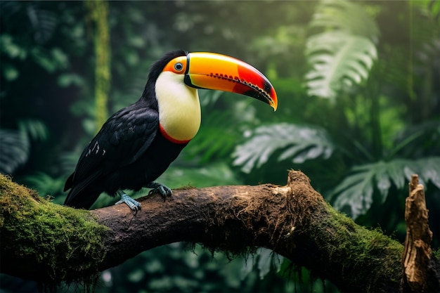 A toucan sits on a branch in a tropical rainforest