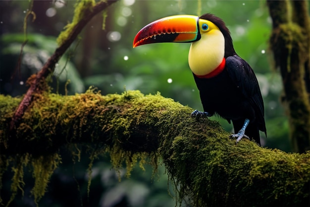 A toucan sits on a branch in a tropical rainforest