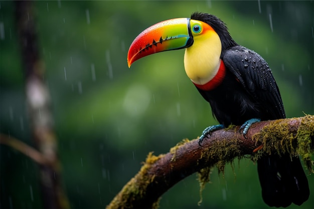 A toucan sits on a branch in a tropical rainforest