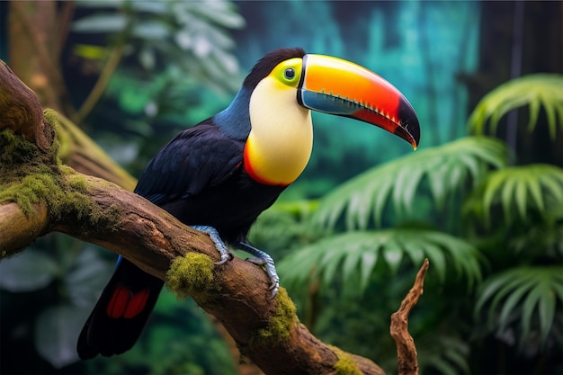 A toucan sits on a branch in a tropical rainforest