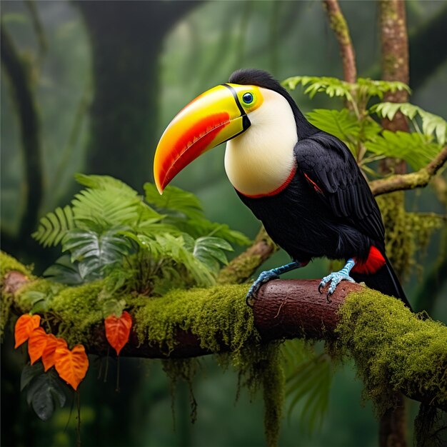 A toucan sits on a branch in a tropical