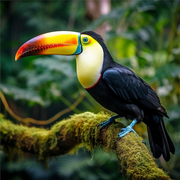 A toucan sits on a branch in a tropical