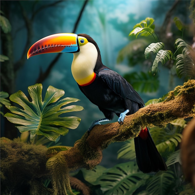 A toucan sits on a branch in a tropical