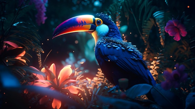 Toucan sits in a jungle with a dark background