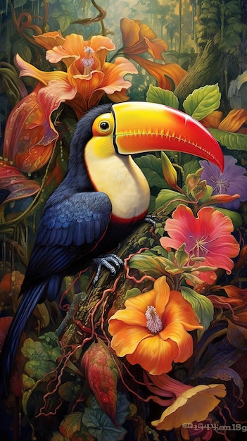 A toucan sits in a tropical garden with flowers.