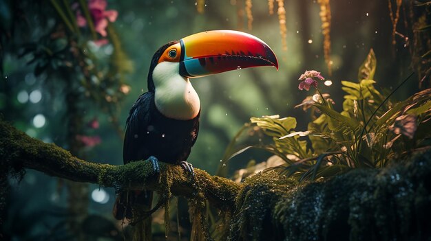 Photo toucan sitting on a branch in the rainforest