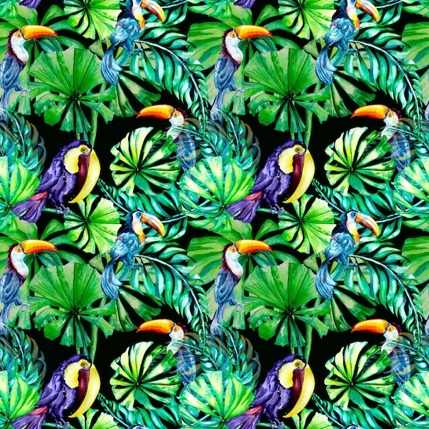 Toucan tropical birds and palm leaves watercolor seamless pattern on black background