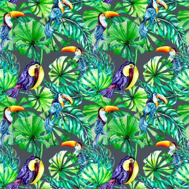 Toucan tropical birds and palm leaves watercolor seamless pattern on purple background