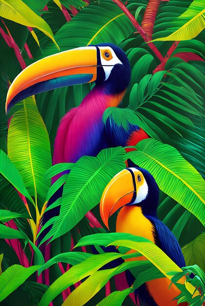 Toucan in volumetric neon jungle pattern background