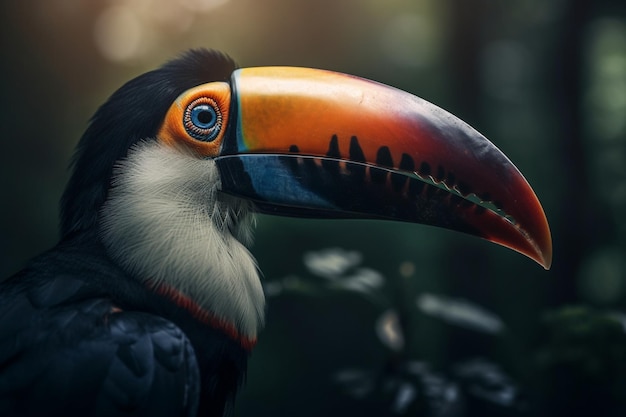 A toucan with a black and white face sits in a forest.