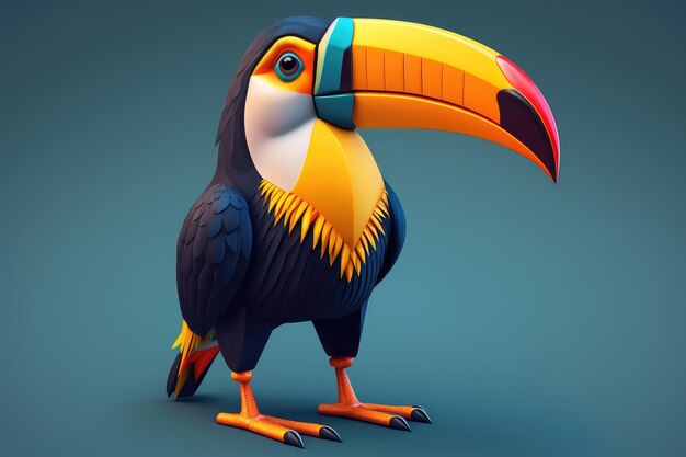 A toucan with a blue and yellow beak stands on a blue background.