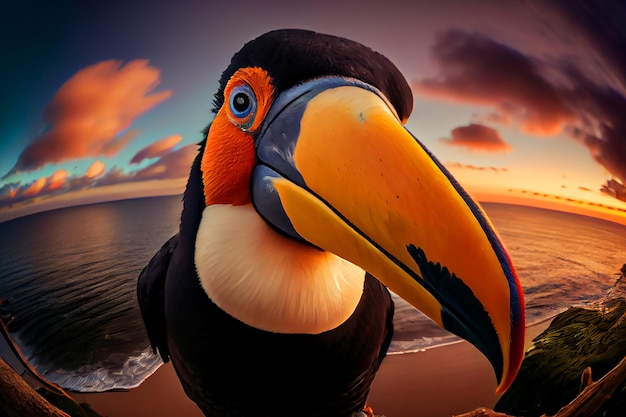 A toucan with a colorful beak sits on a beach.