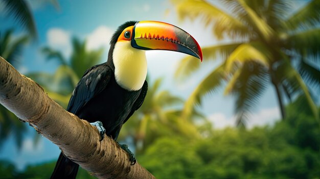 Photo a toucan with a colorful beak sits on a branch