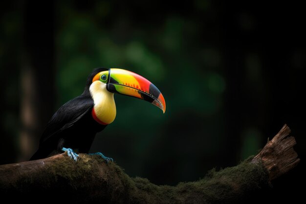 Photo toucan with colorful beak sitting in dark green forest