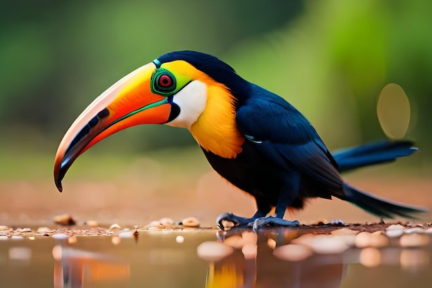 A toucan with a green eye and a yellow beak is standing in a puddle of water.