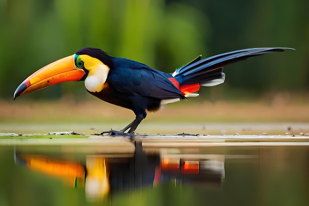 A toucan with a red tail stands on a lake