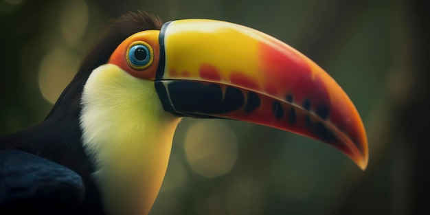 Photo a toucan with a red and yellow beak is standing in front of a blurred background.