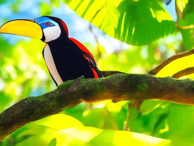 A toucan with a vibrant yellow and black plumage perched on a branch in a dense jungle generated Ai