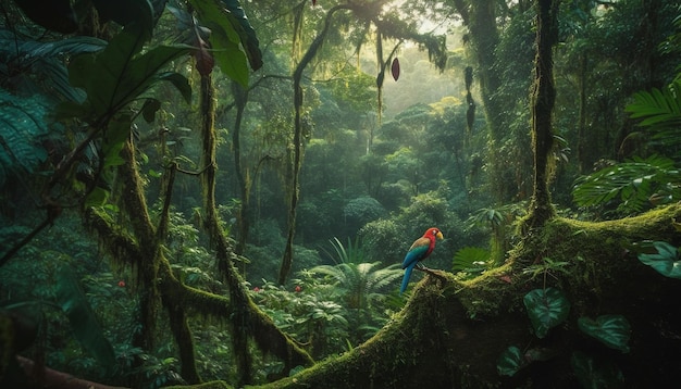 Toucan zit op een tak in het levendige Amazone regenwoud landschap gegenereerd door kunstmatige intelligentie